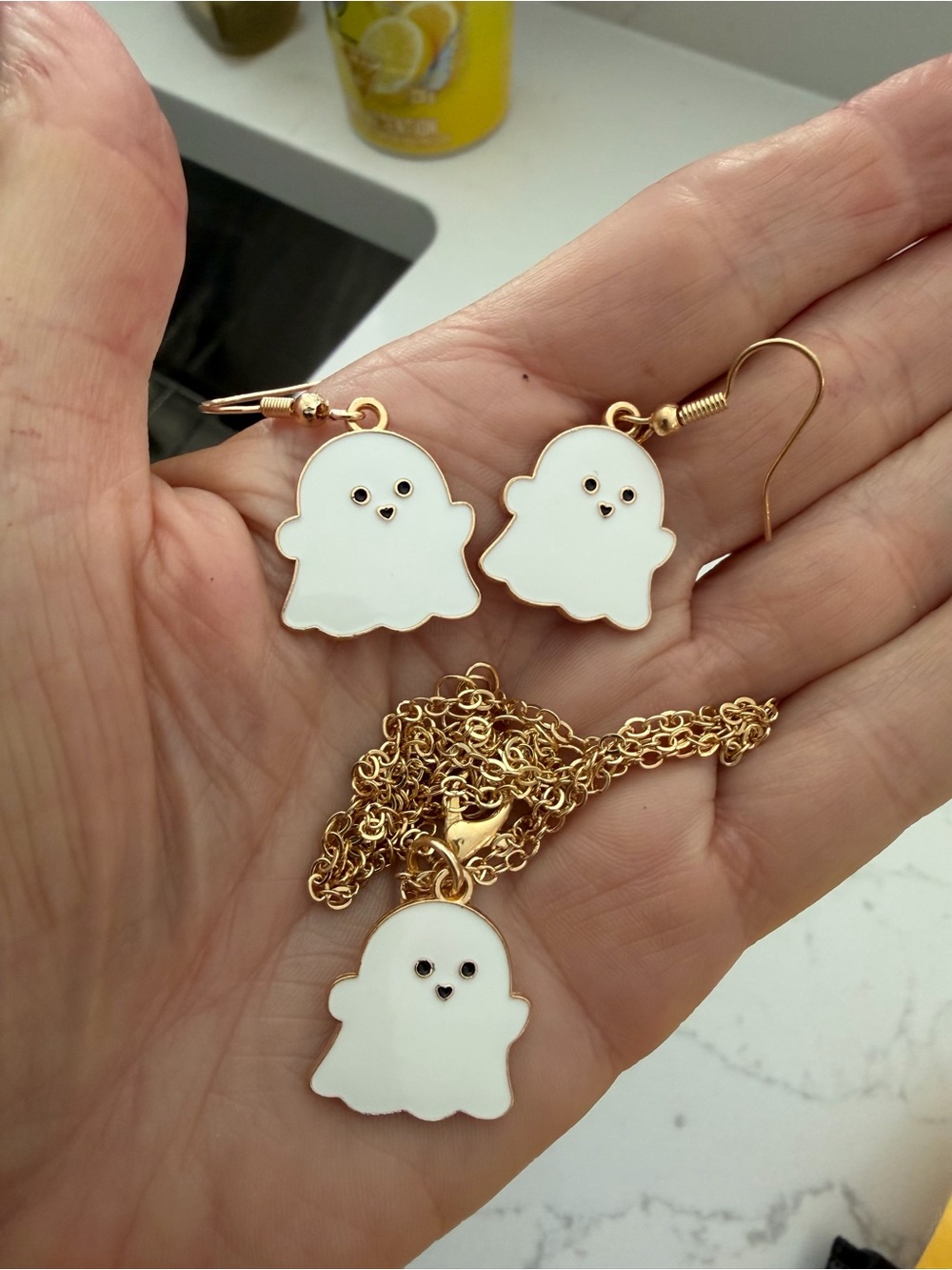 HALLOWEEN White Ghost Pendant Necklace and Earring Set with Gold Chain ACCENT. - Picture 2 of 10